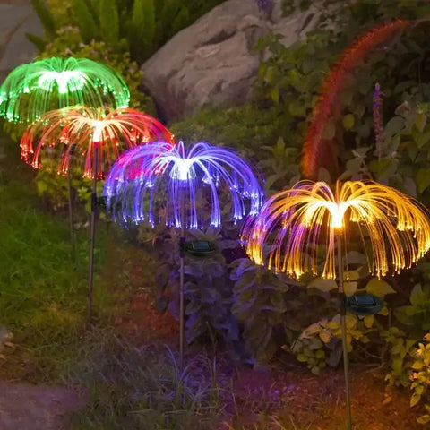 Lampi solara tip meduza cu fibra optica si led RGB pentru gradina, rezistente la apa