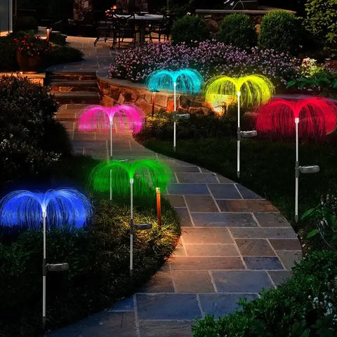 Lampa solara tip meduza cu fibra optica LED RGB pentru gradina colorata.