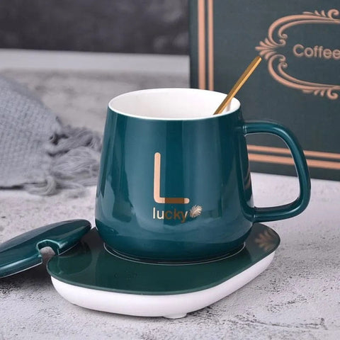 Cană din ceramică teal cu capac și suport cald pentru menținerea temperaturii băuturii