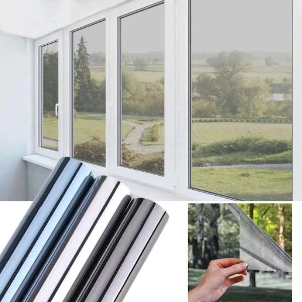 Autocolant oglinda gri pentru protecție solară și lumina din interior, geamul este transparent