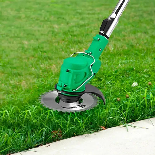 Motocoasa electrica cu acumulatori doi si lame din metal, trimmer verde si argintiu
