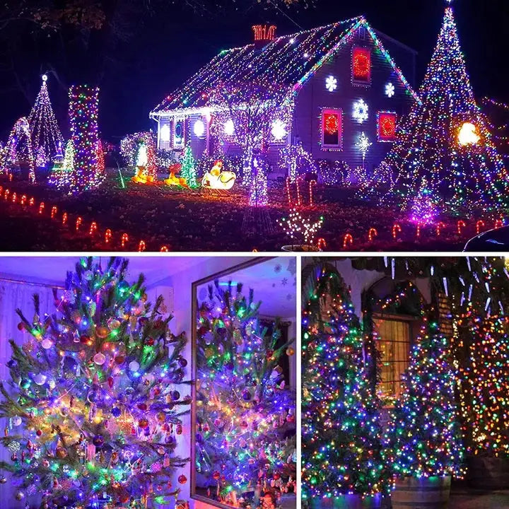 Decoratiune cu incarcare solara, 30 metri, 300 LED multicolora, iluminat festiv de Craciun