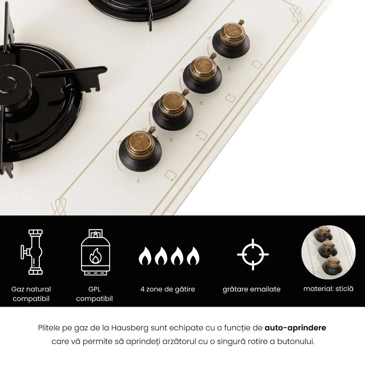 Plita Incorporabila Rustica Hausberg HB-570 4 arzatoare Gaz 60 cm Bej