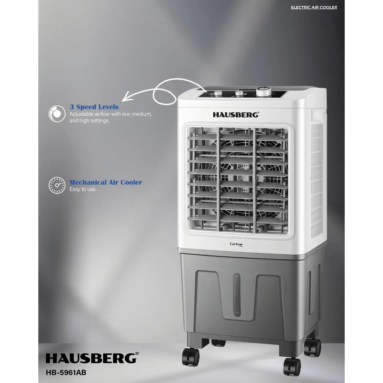 Racitor de aer portabil Hausberg HB-5961AB 75W rezervor 20L 3 viteze control mecanic 2 cutii gheata alb