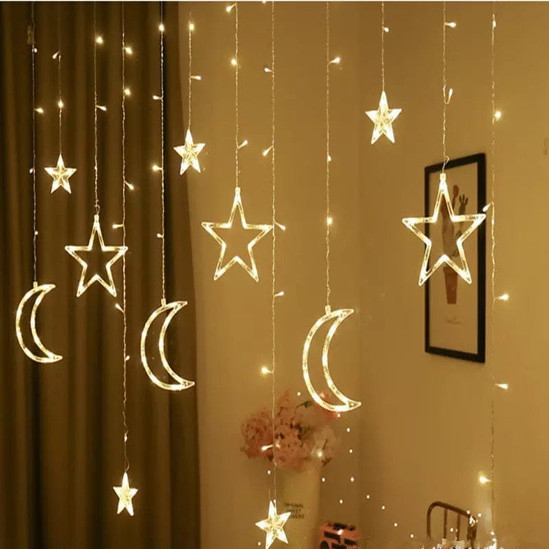 Perdea luminoasa cu stele și lună, instalatie Craciun, perdea luminoasa pentru interior și exterior