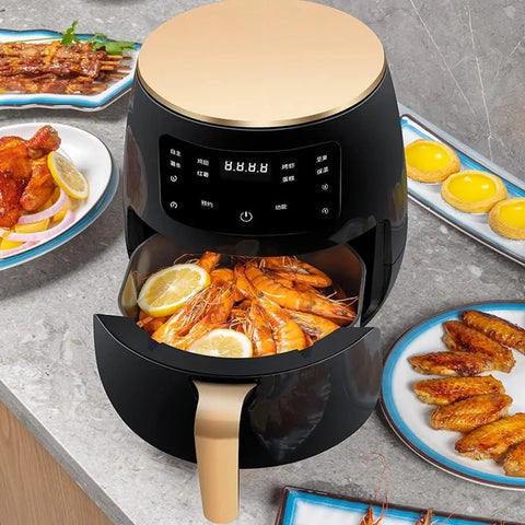 Friteuză fără ulei cu coșul, air fryer digital, imagine cu creveți și finisaj negru și auriu