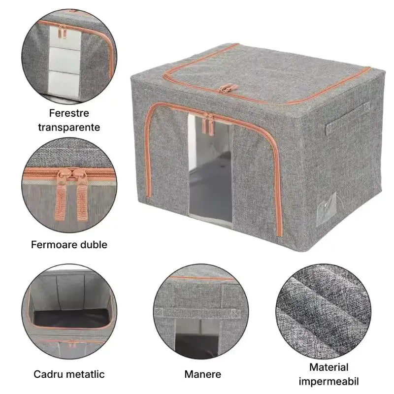 Set 3 x Cutie Pliabila cu Fermoar si Fereastra pentru Depozitare 24L + 66L + 100L Gri