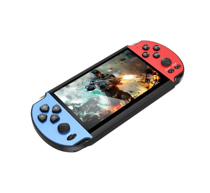 Imaginea arată o consola retro portabilă X7 cu ecran de 4.3 inch și jocuri pentru copii.