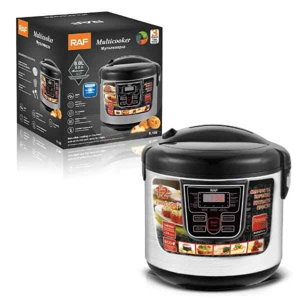 Imaginea arată un multicooker R-166 cu design modern, ecran LED și timer 24h.