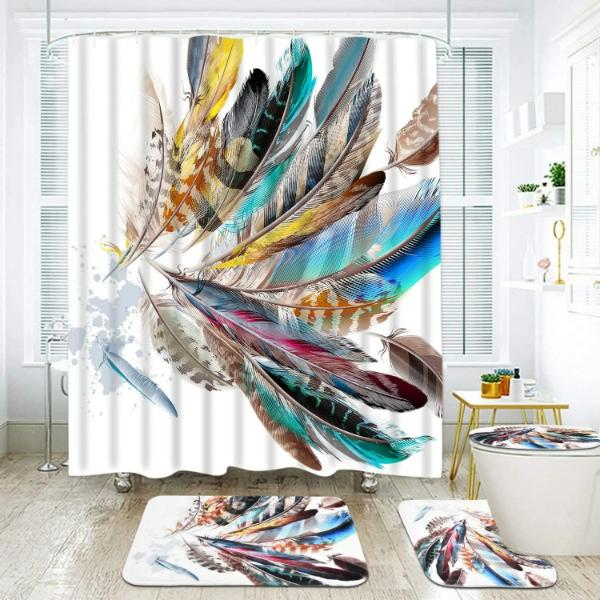 Perdea de duș și covorașe podea cu design watercolor, elementele set baie simple leaves