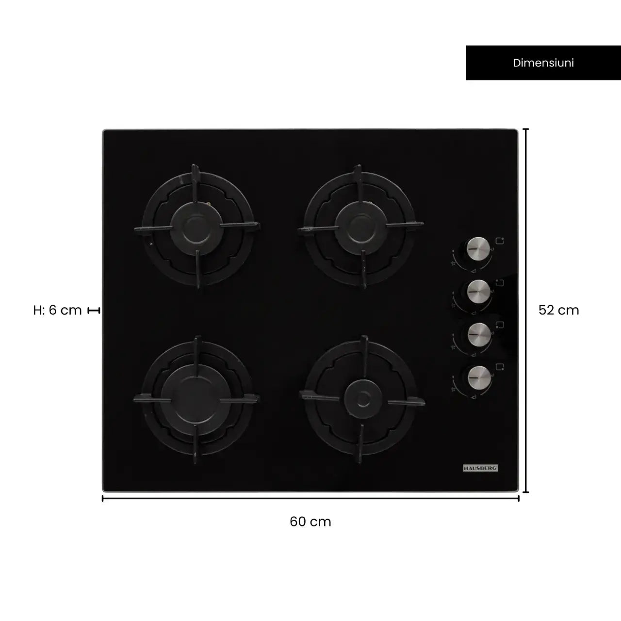 Plita incorporabila Hausberg HB-567NG Gaz 4 arzatoare Sistem de siguranta GAZ Gratar din fonta Material Sticla Negru