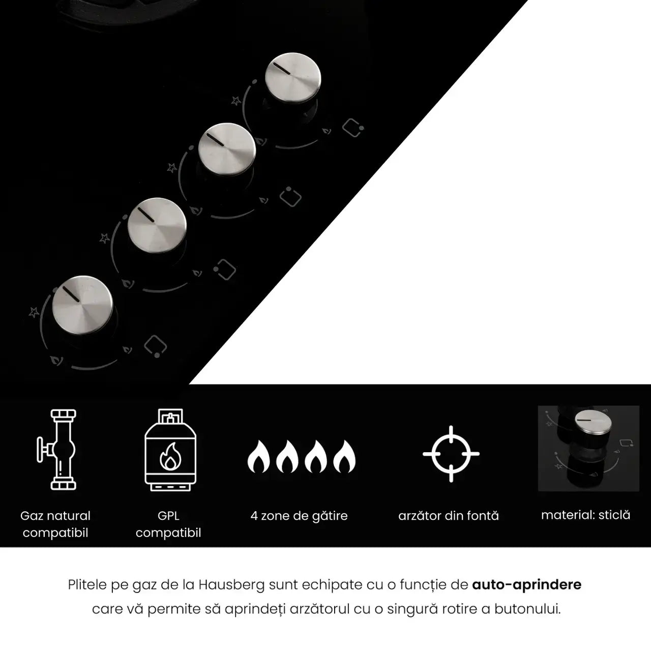 Plita incorporabila Hausberg HB-567NG Gaz 4 arzatoare Sistem de siguranta GAZ Gratar din fonta Material Sticla Negru
