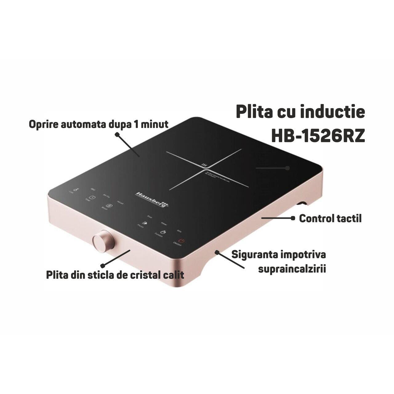 Plita cu inductie Hausberg HB-1526RZ Roz 2000W control tactil o zona de gatit