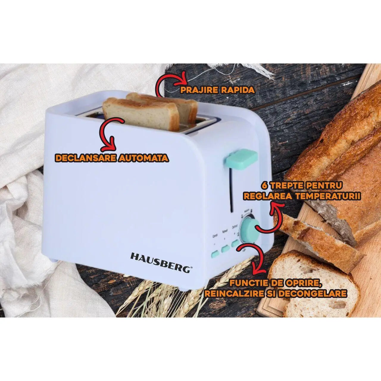 Prajitor de paine Hausberg HB-195BL 750 W 2 felii functie decongelare functie reincalzire 6 trepte putere Alb/Bleu