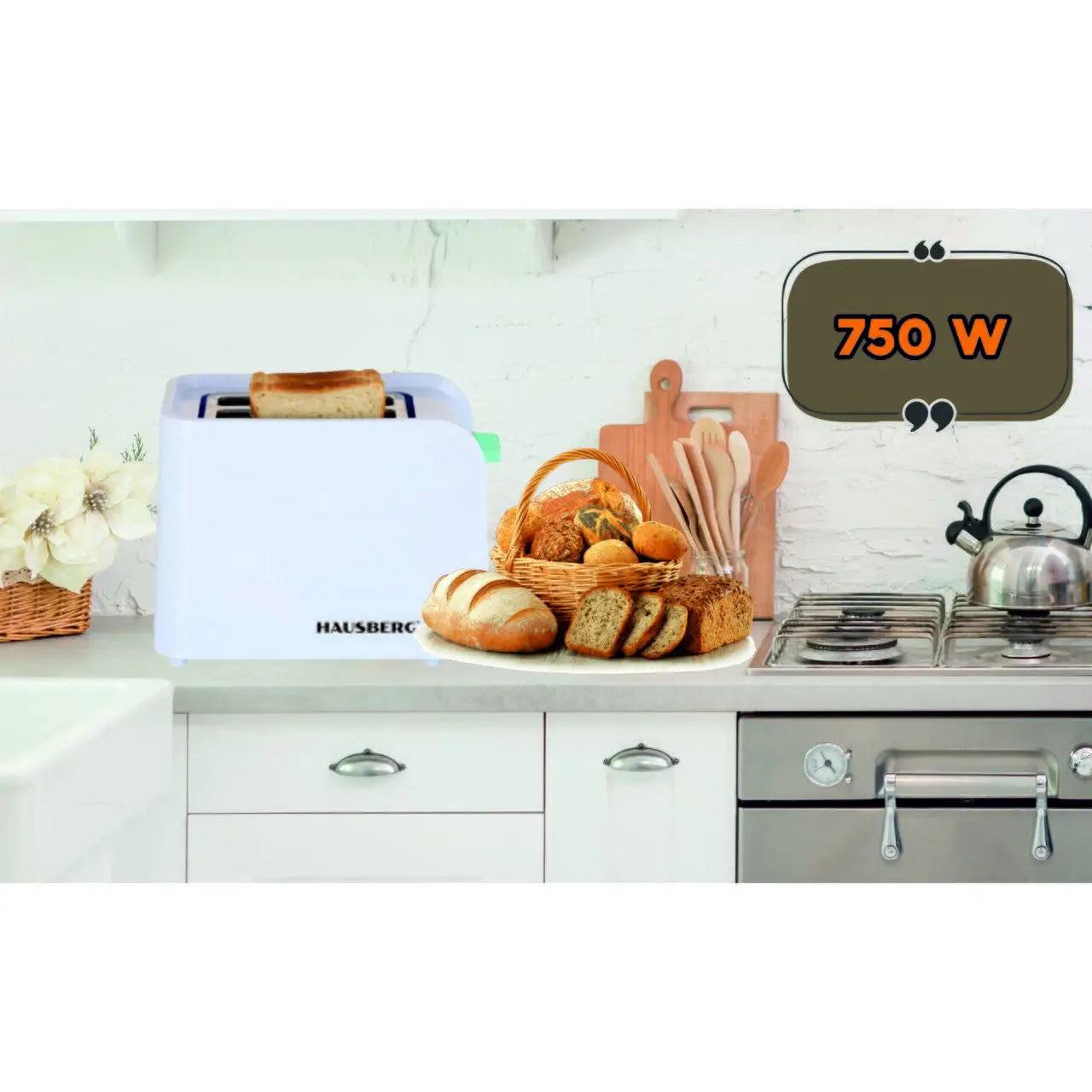 Prajitor de paine Hausberg HB-195BL 750 W 2 felii functie decongelare functie reincalzire 6 trepte putere Alb/Bleu