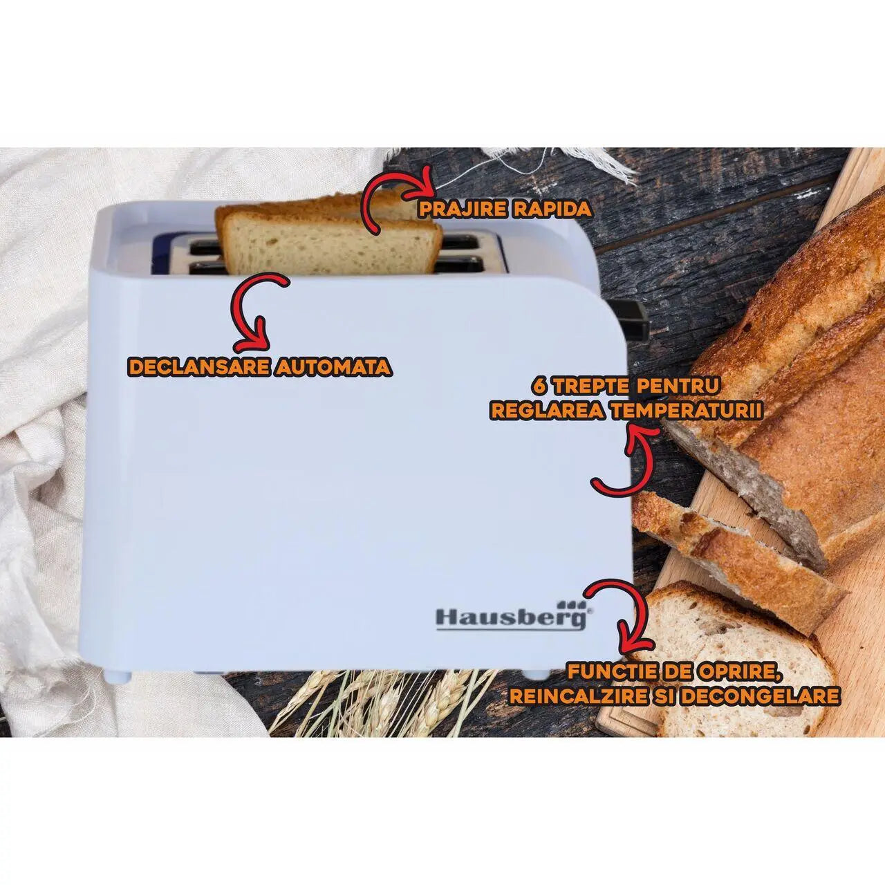 Prajitor de paine Hausberg HB-195NG 750 W 2 felii functie decongelare functie reincalzire 6 trepte putere alb/negru