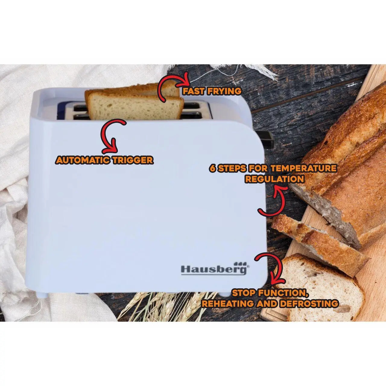 Prajitor de paine Hausberg HB-195NG 750 W 2 felii functie decongelare functie reincalzire 6 trepte putere alb/negru