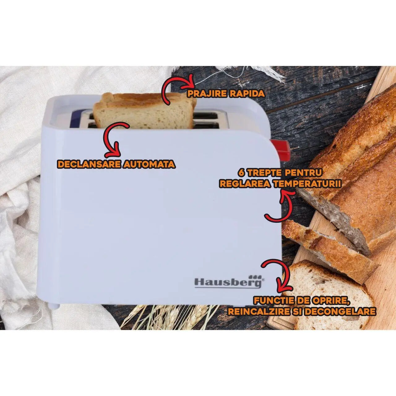 Prajitor de paine Hausberg HB-195RS 750 W 2 felii functie decongelare functie reincalzire 6 trepte putere Alb/Rosu