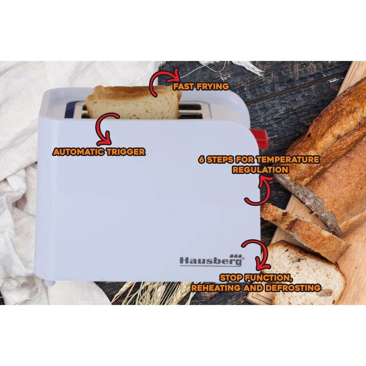 Prajitor de paine Hausberg HB-195RS 750 W 2 felii functie decongelare functie reincalzire 6 trepte putere Alb/Rosu