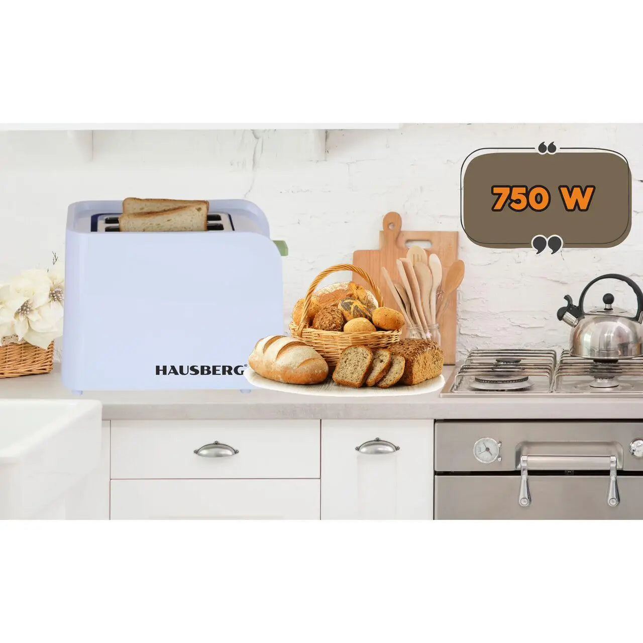 Prajitor de paine Hausberg HB-195VR 750 W 2 felii functie decongelare functie reincalzire 6 trepte putere Alb/Verde