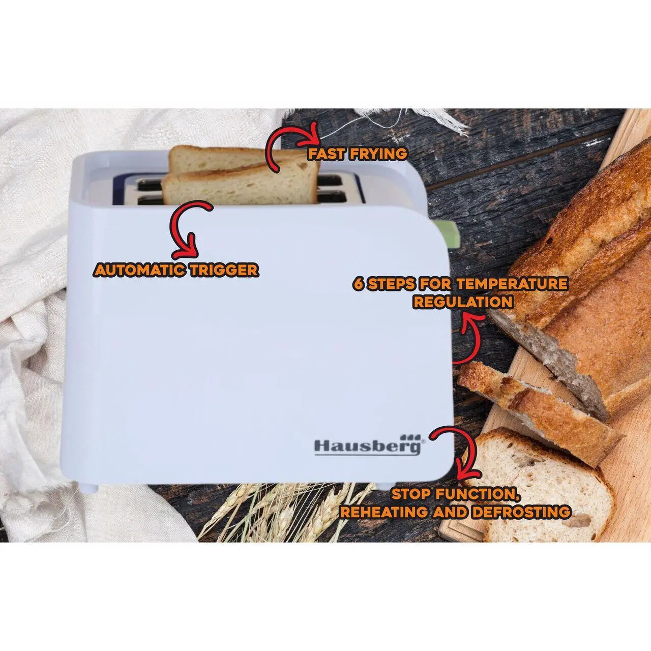 Prajitor de paine Hausberg HB-195VR 750 W 2 felii functie decongelare functie reincalzire 6 trepte putere Alb/Verde
