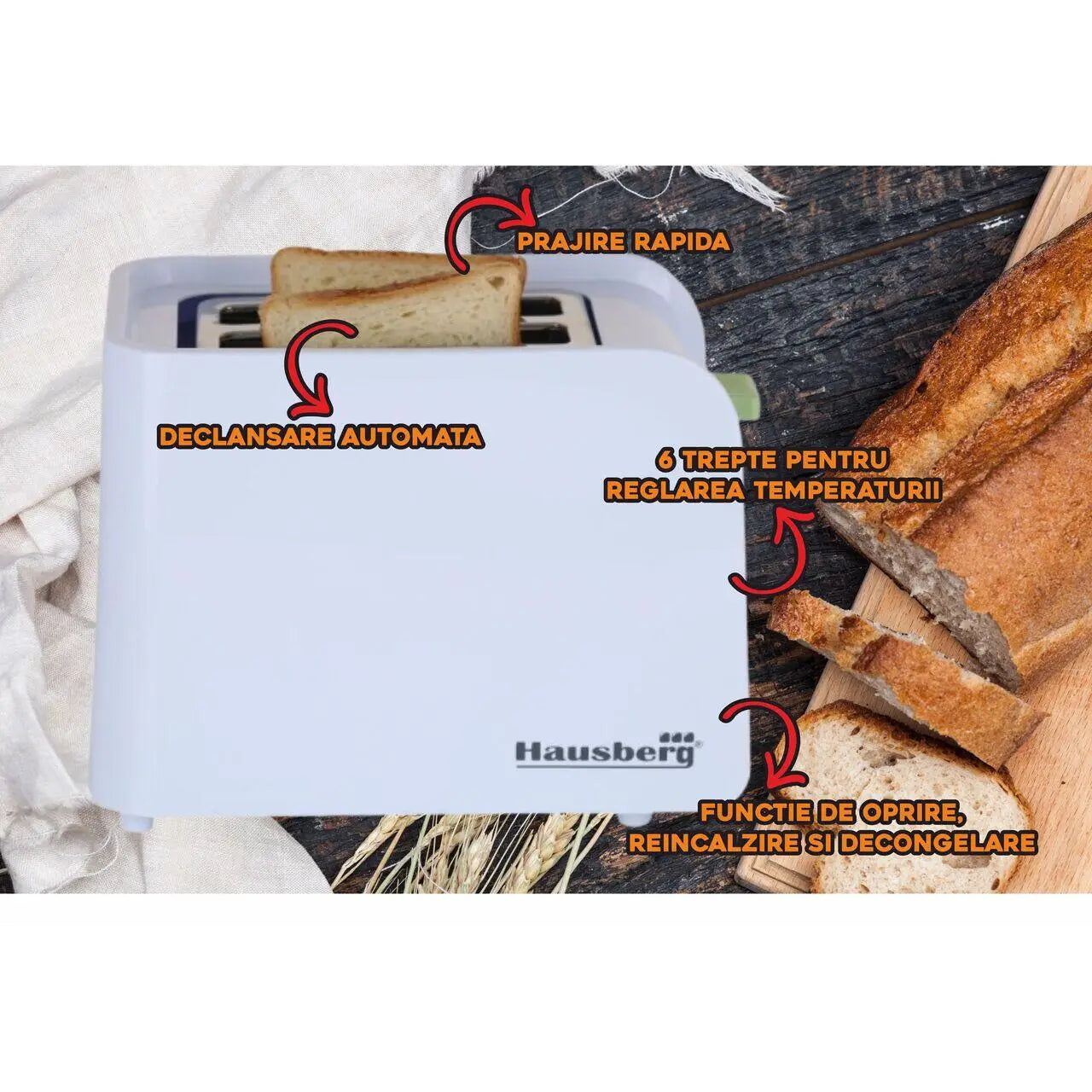 Prajitor de paine Hausberg HB-195VR 750 W 2 felii functie decongelare functie reincalzire 6 trepte putere Alb/Verde