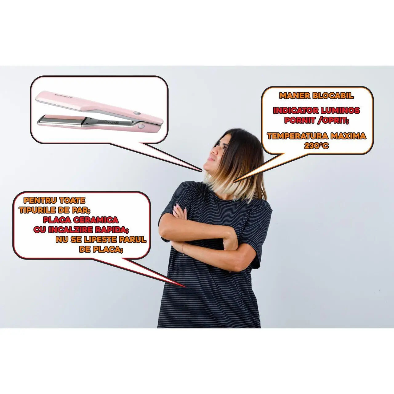 Placa de indreptat parul Hausberg HB-33RZ 235 grade Incalzire rapida Roz