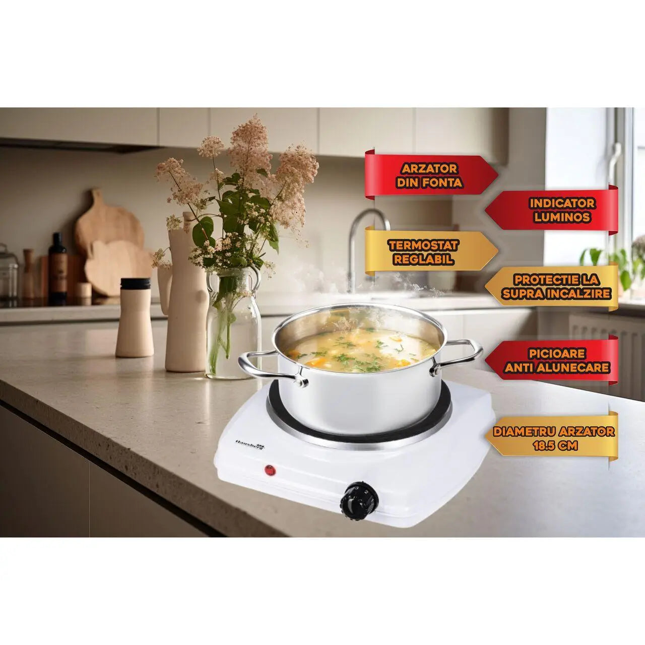 Plita electrica Hausberg HB-519AB Alb 1 arzator Putere 1500W Termostat