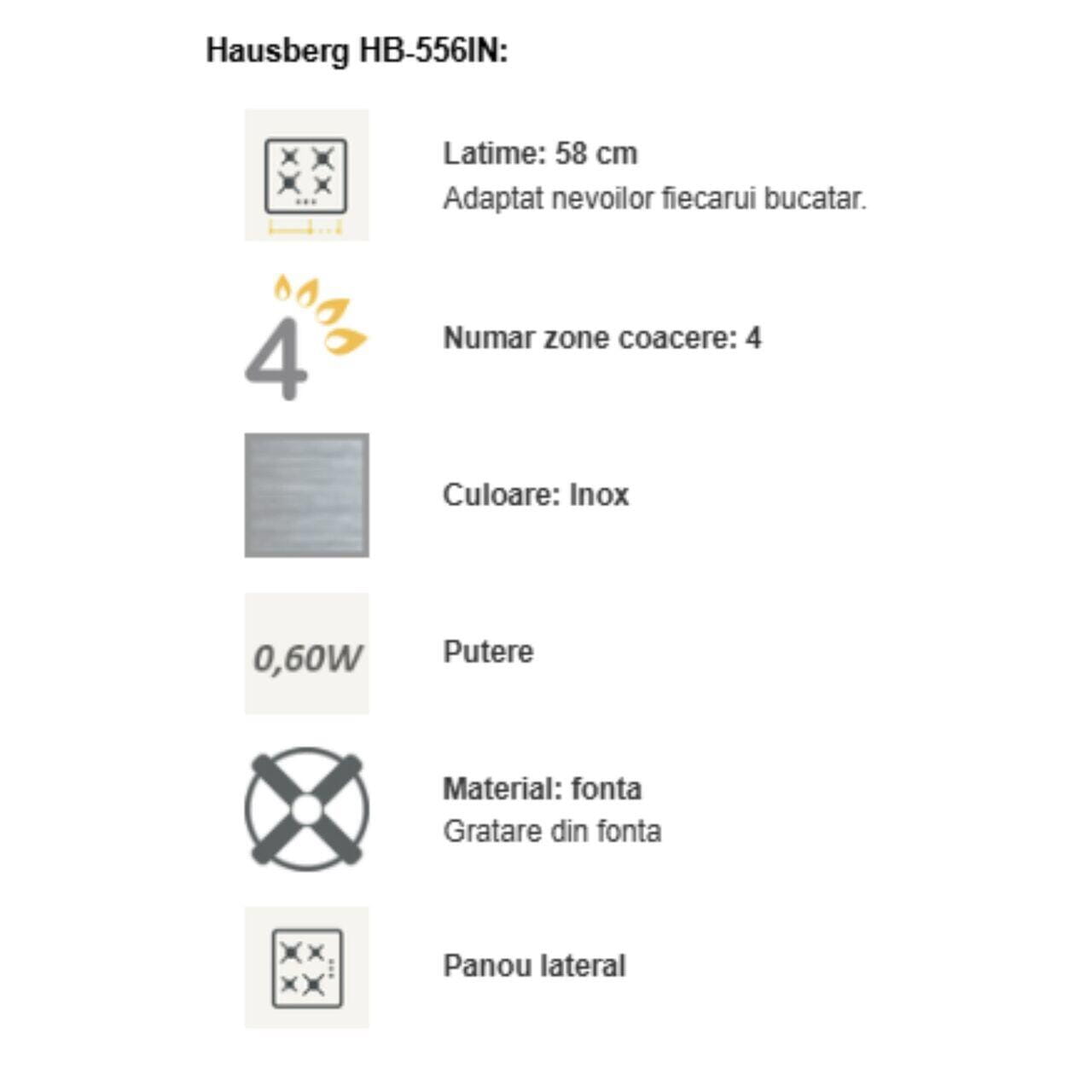Plita incorporabila Hausberg HB-556IN Gaz 4 arzatoare Sistem siguranta GAZ Gratar din fonta Inox
