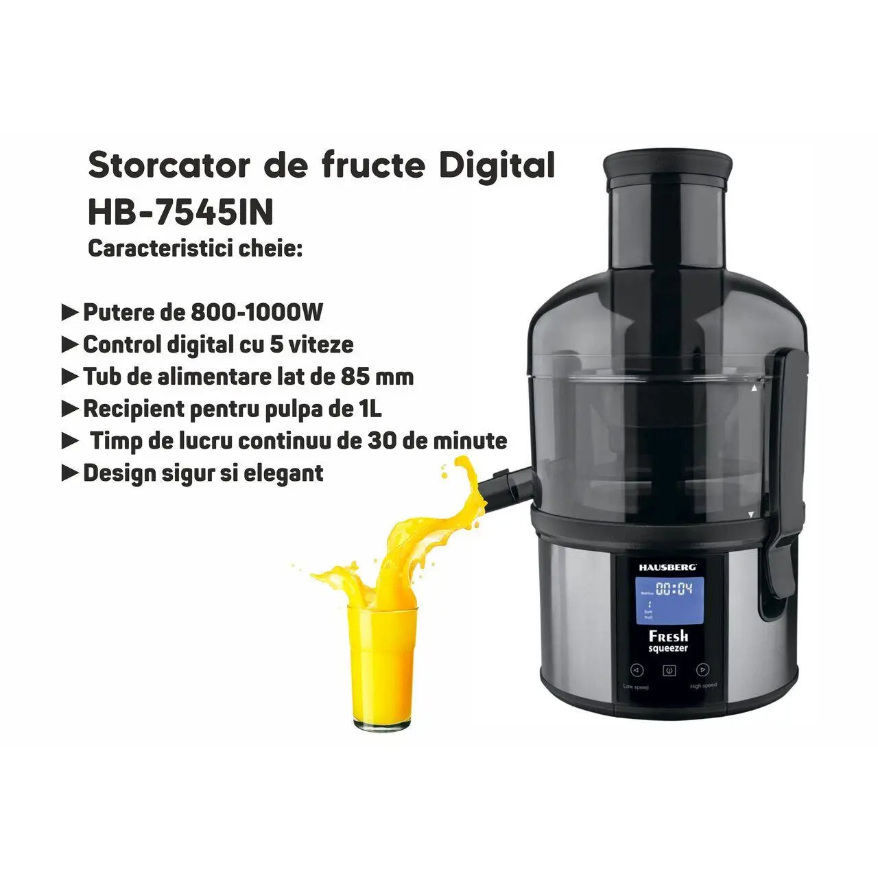 Storcator de fructe Digital HAUSBERG HB-7545IN 800-1000W 85mm 1L Pulpa 5 Viteze Otel inoxidabil Negru/Inox