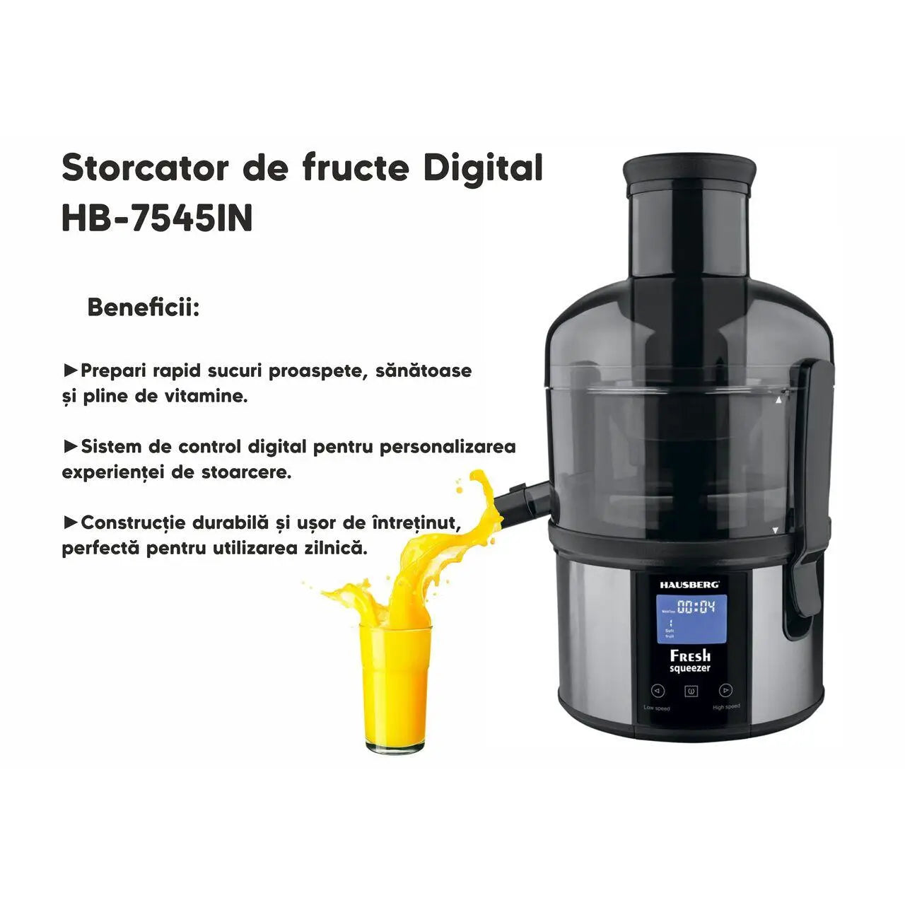 Storcator de fructe Digital HAUSBERG HB-7545IN 800-1000W 85mm 1L Pulpa 5 Viteze Otel inoxidabil Negru/Inox