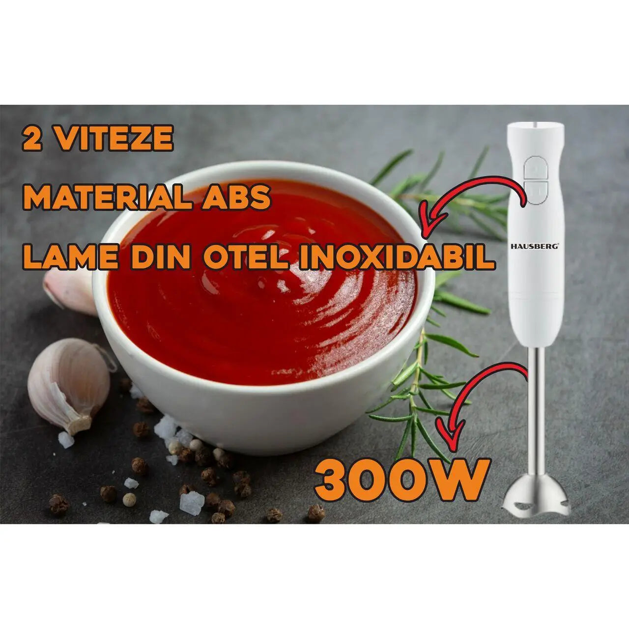 Blender de mana Hausberg HB-7674AB alb cu viteze, lame din otel inoxidabil și 300W