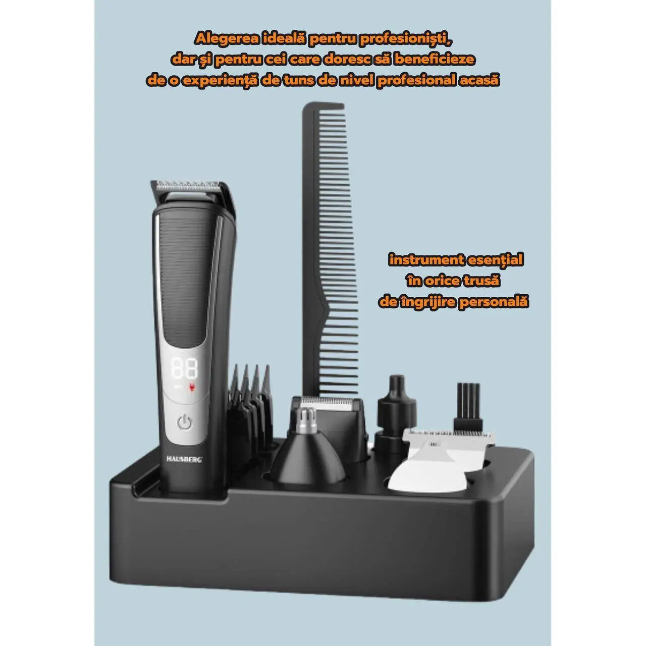 Set aparat de tuns profesional HAUSBERG HB-76GR accesorii autonomie 120 min 5W afisaj LCD