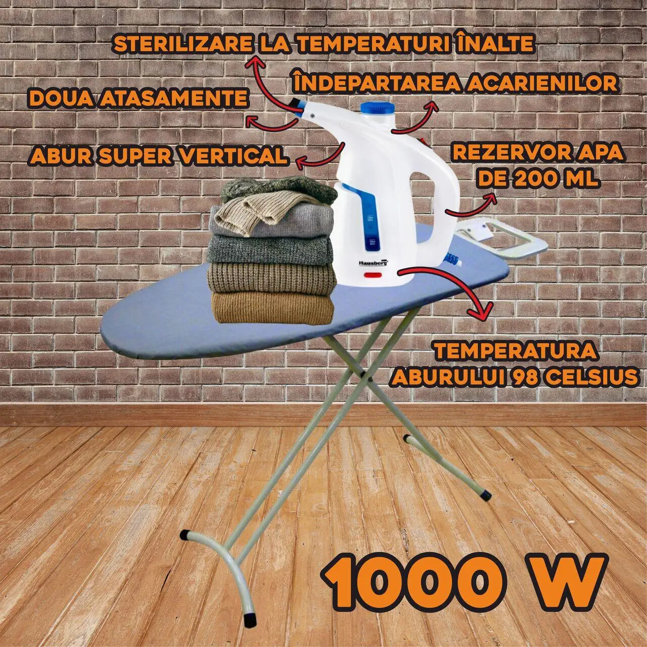 Aparat de calcat vertical cu abur HAUSBERG HB-7886BL 1000 W 200 ml 2 accesorii alb-bleu