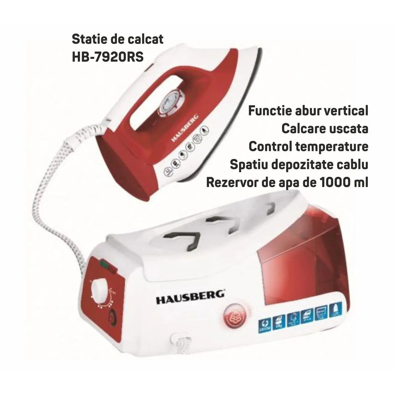 Statie de calcat HAUSBERG HB-7920RS 2200W 68g/min 1000ml anti-calcar termostat talpa ceramica Rosu-Alb