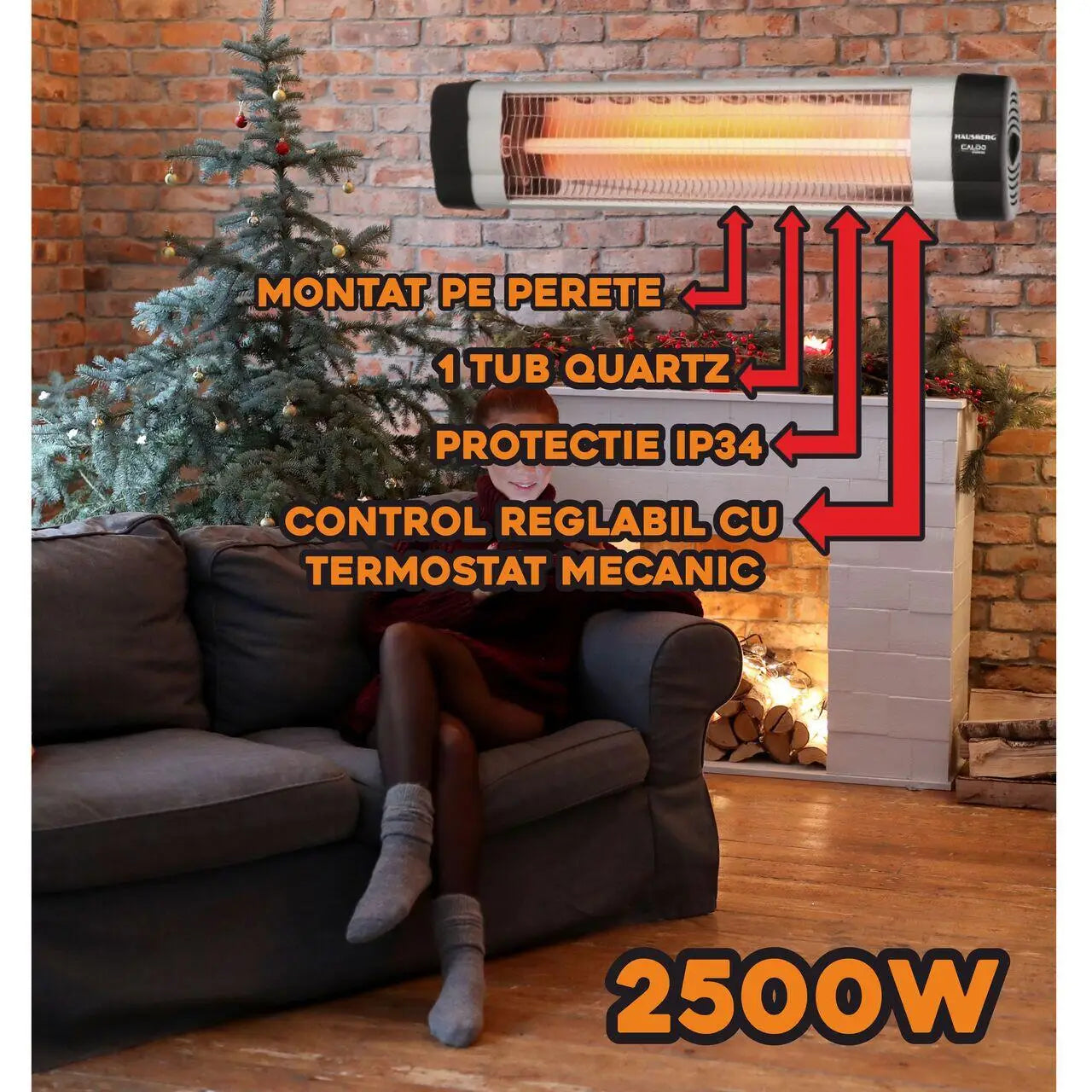 Radiator electric cu infrarosu Hausberg HB-8551AL 2500W 1 tub quartz control reglabil cu termostat mecanic protectie