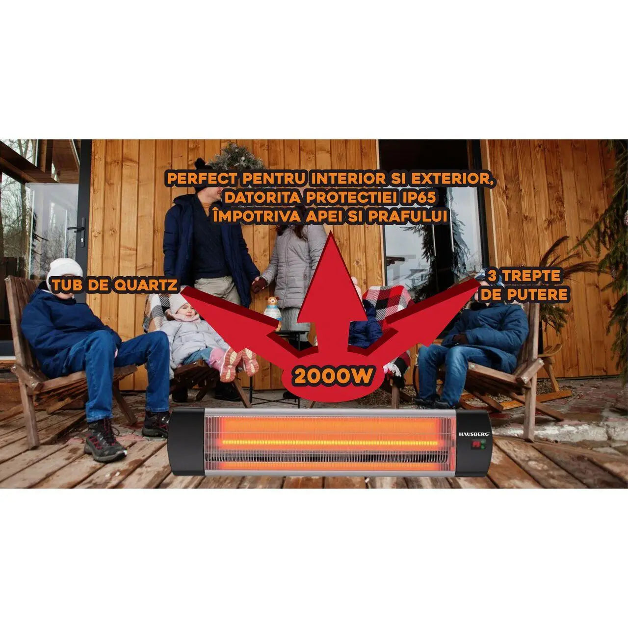 Radiator electric digital cu infrarosu Hausberg HB-8553 2000W Telecomanda 1 tub quartz 3 trepte putere protective IP65
