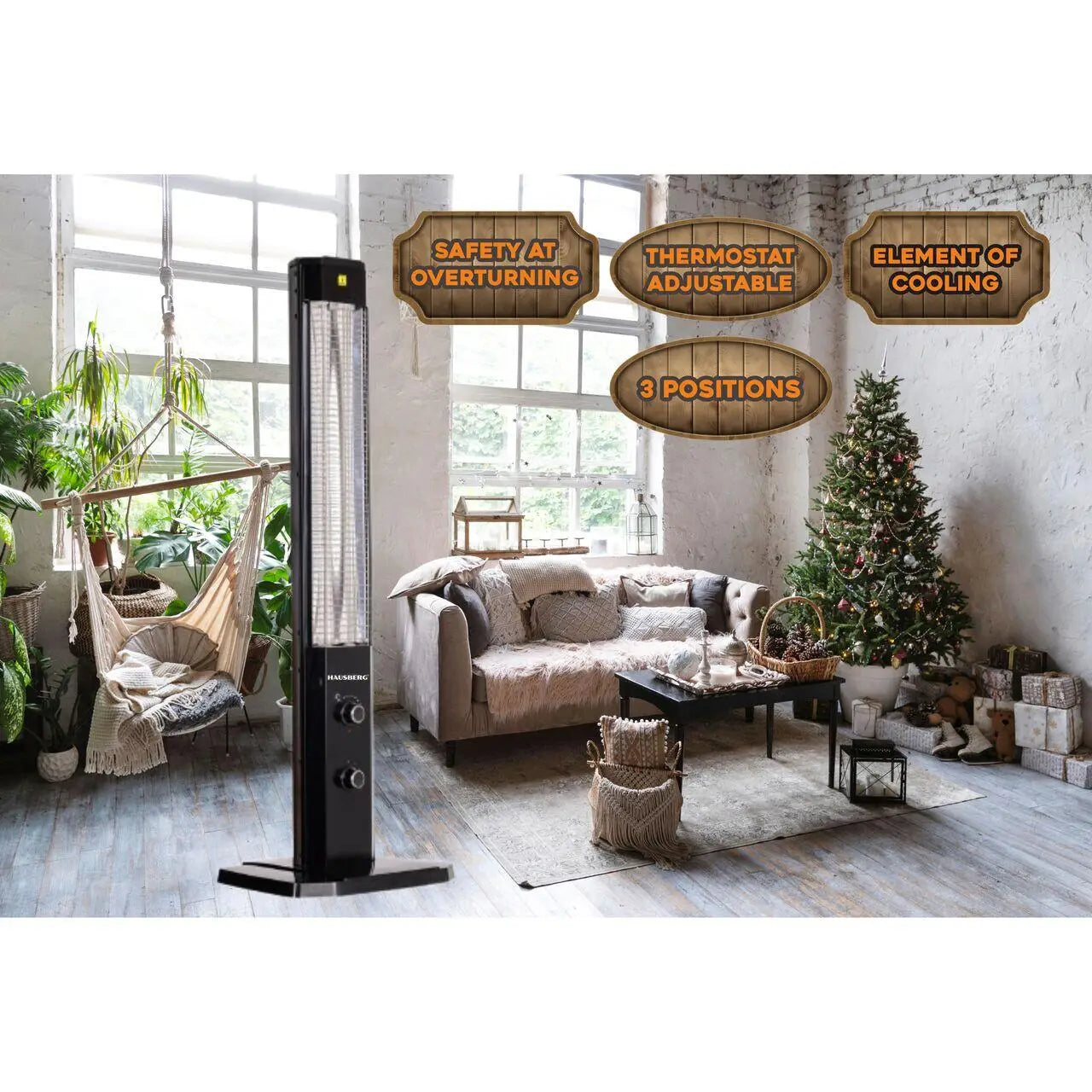 Radiator Electric Hausberg HB-8560 2300W Termostat Reglabil Lampa de semnalizare pentru 3 pozitii Negru