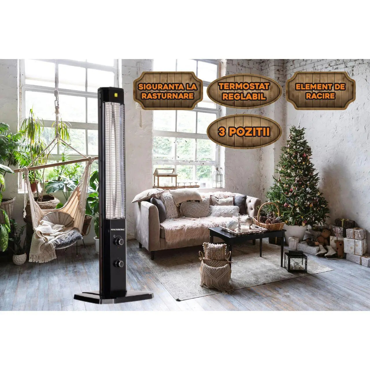 Radiator Electric Hausberg HB-8560 2300W Termostat Reglabil Lampa de semnalizare pentru 3 pozitii Negru