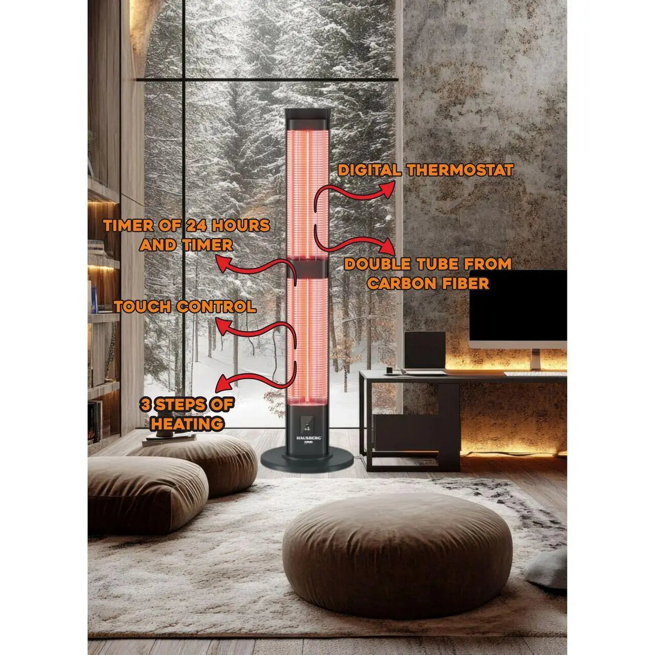 Radiator electric digital cu telecomanda Hausberg HB-8570NG 3000W 3 trepte incalzire tub dublu din fibra de carbon