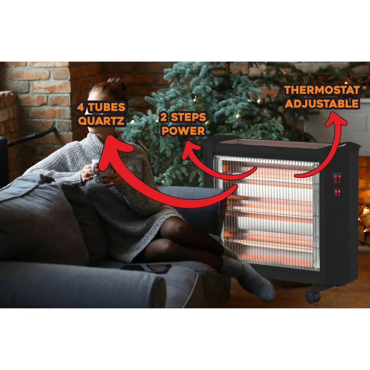 Radiator electric quartz Hausberg HB-8800 1600W 4 tuburi quartz 4 trepte putere protectie impotriva rasturnarii Negru
