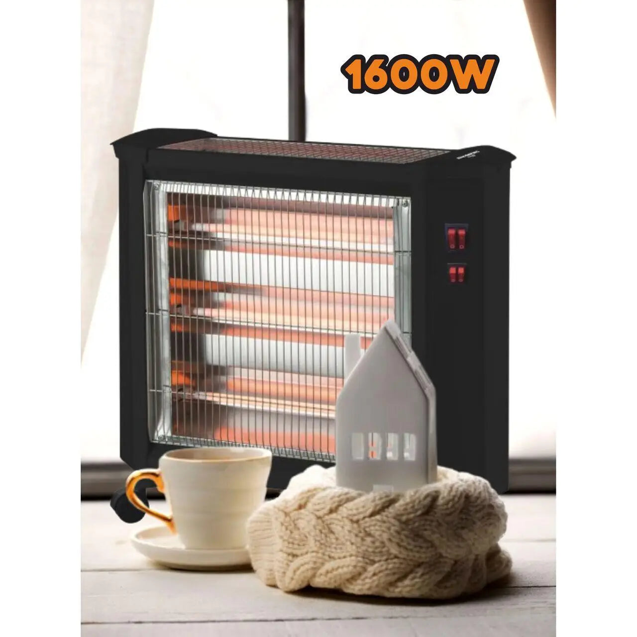 Radiator electric quartz Hausberg HB-8800 1600W 4 tuburi quartz 4 trepte putere protectie impotriva rasturnarii Negru