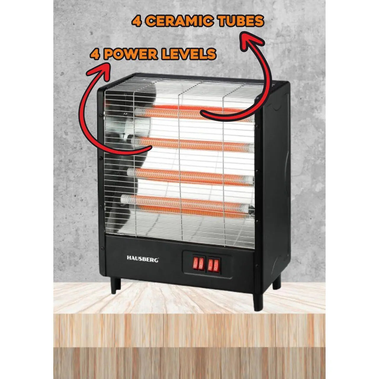 Radiator electric Hausberg HB-8803NG 2000W 4 nivele de putere 4 tuburi ceramice Negru