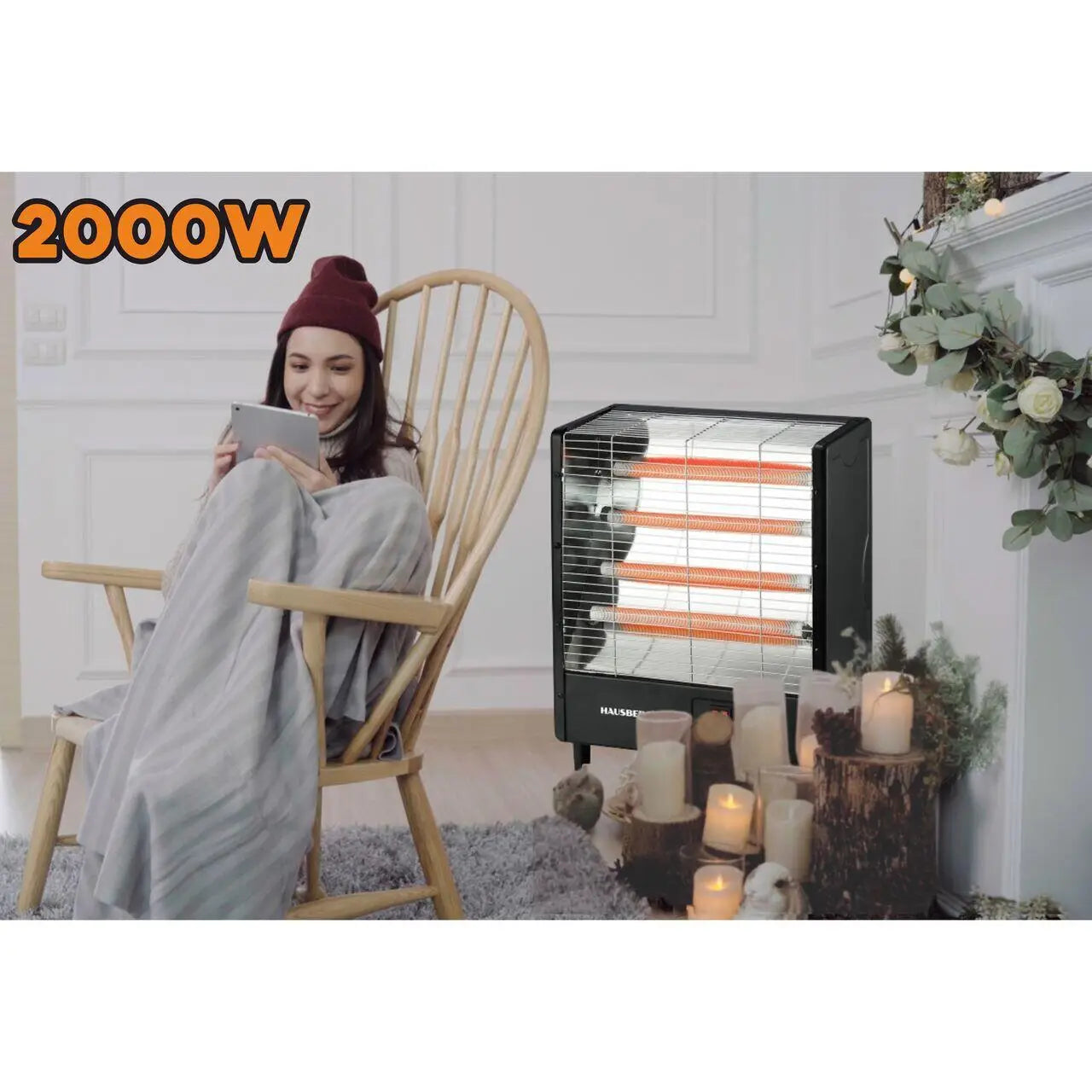 Radiator electric Hausberg HB-8803NG 2000W 4 nivele de putere 4 tuburi ceramice Negru