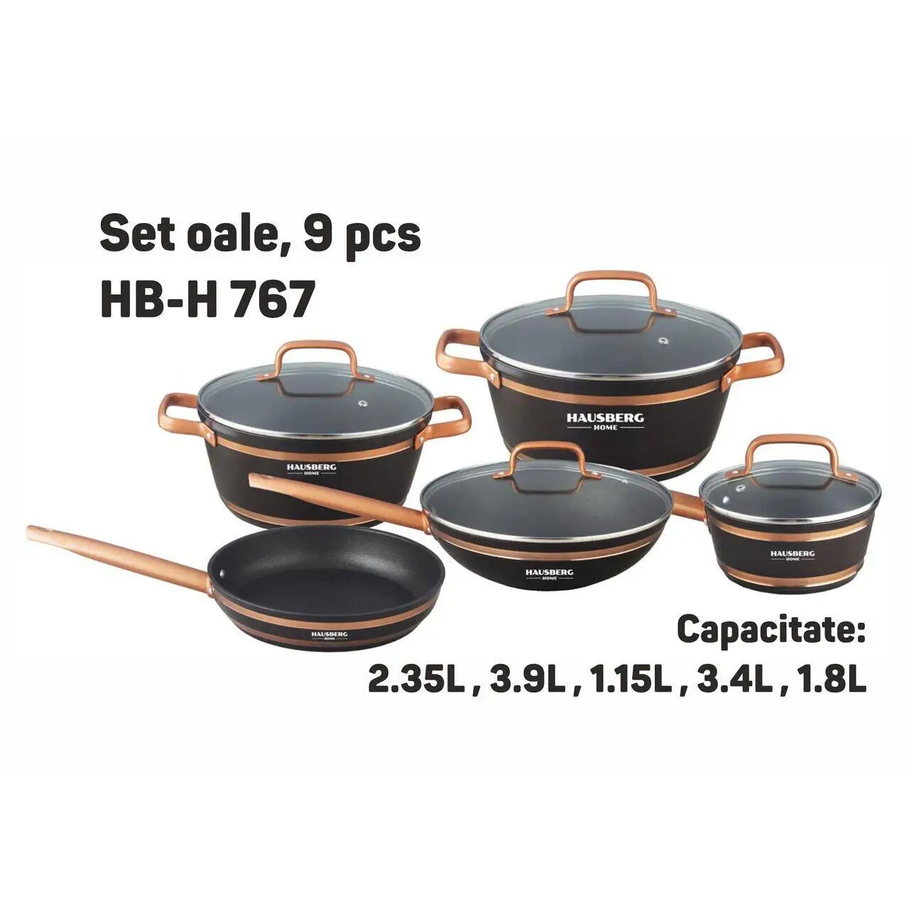 Set oale 9 piese HAUSBERG HB-H767 interior antiaderent manere soft touch capac sticla finisaj cu linie aurie