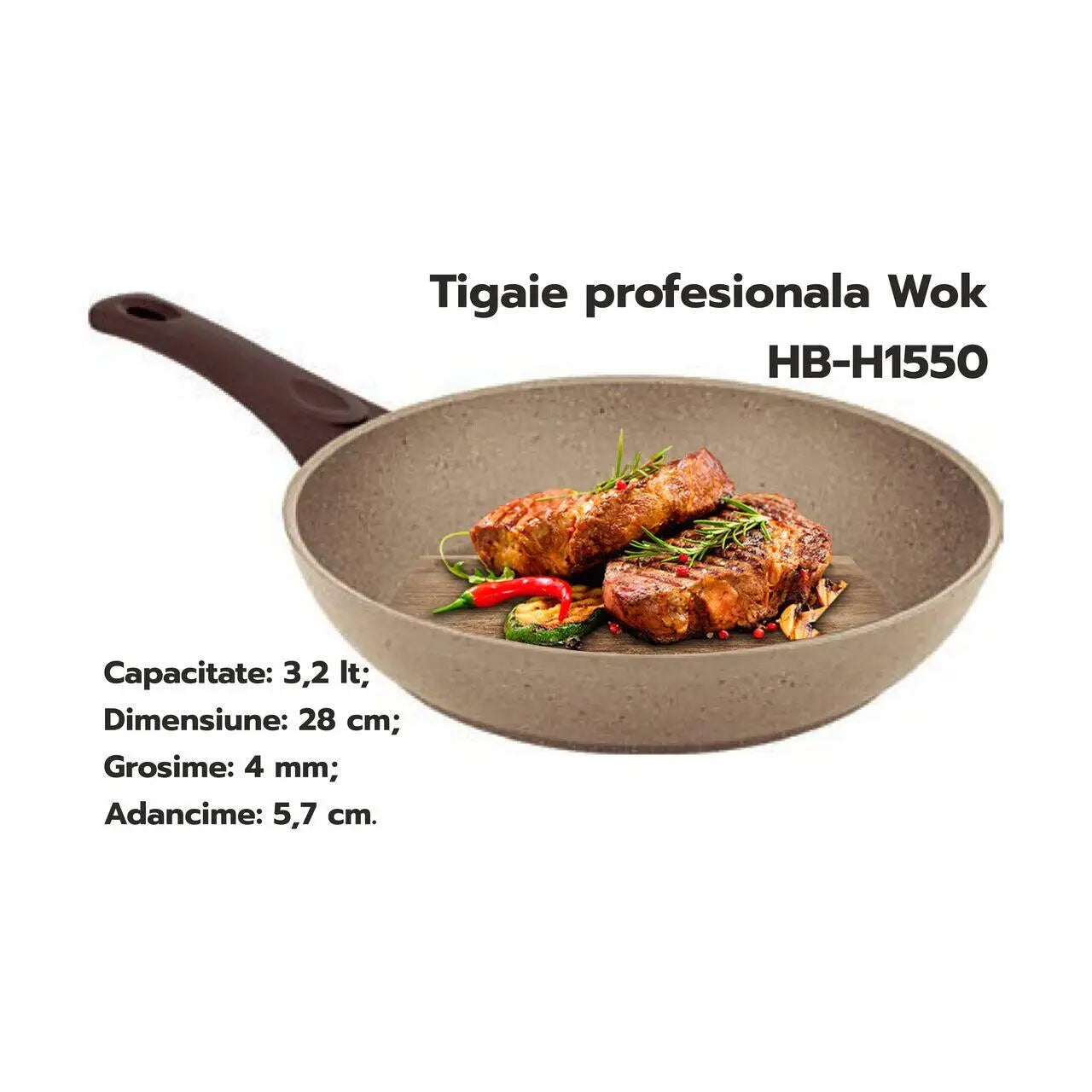 Tigaie profesionala Wok HAUSBERG HB-H1550 28cm 3.2L piatra de granit din aluminiu presat bej
