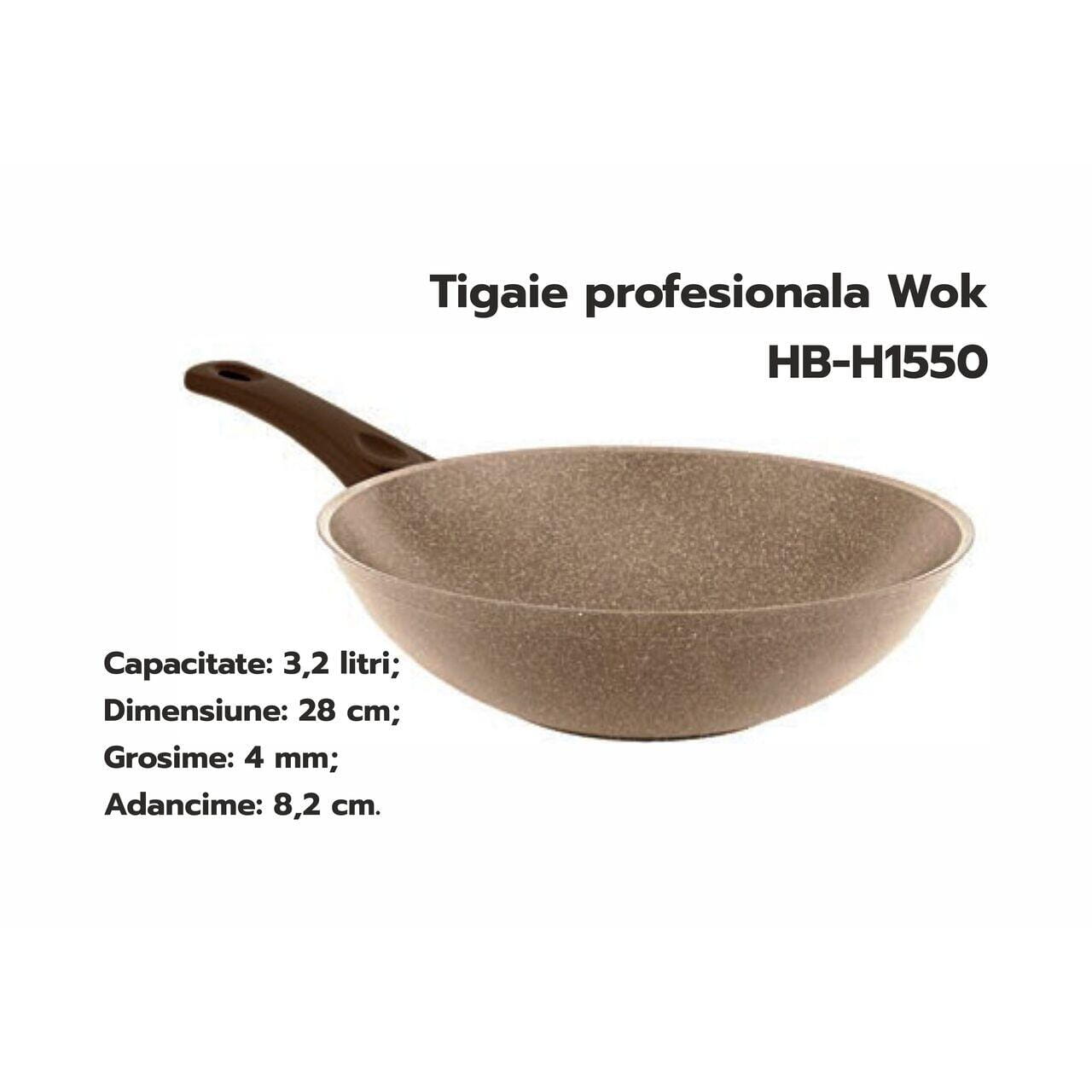 Tigaie profesionala Wok HAUSBERG HB-H1550 28cm 3.2L piatra de granit din aluminiu presat bej