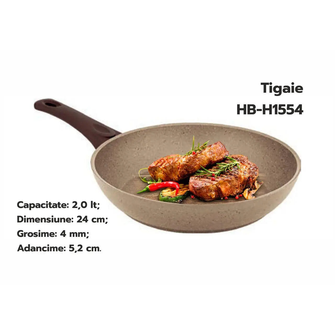 Tigaie HAUSBERG HB-H1554 24cm 2L piatra de granit presat din aluminiu bej