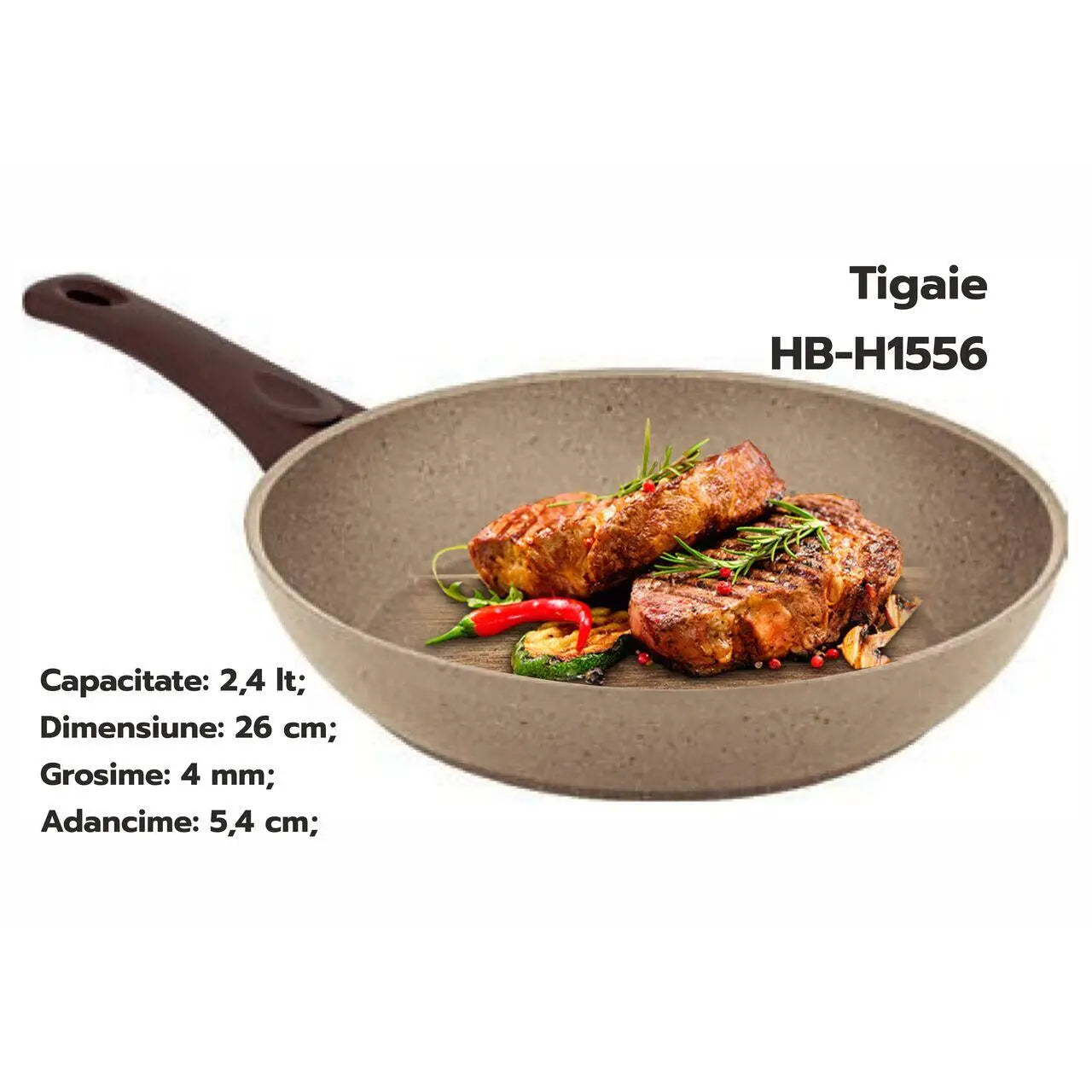 Tigaie HAUSBERG HB-H1556 26cm 2.4L piatra de granit presat din aluminiu bej