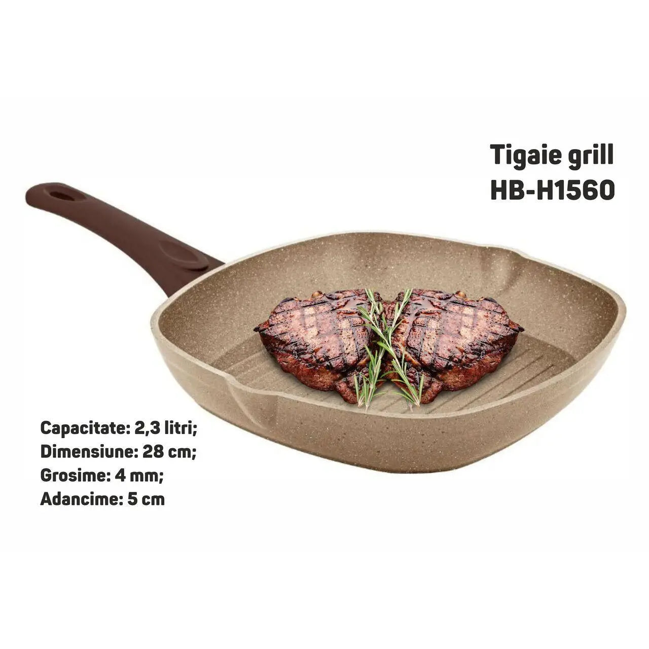 Tigaie grill Ertone HB-H1560 cu două steakuri și rozmarin, antiaderentă, 28cm